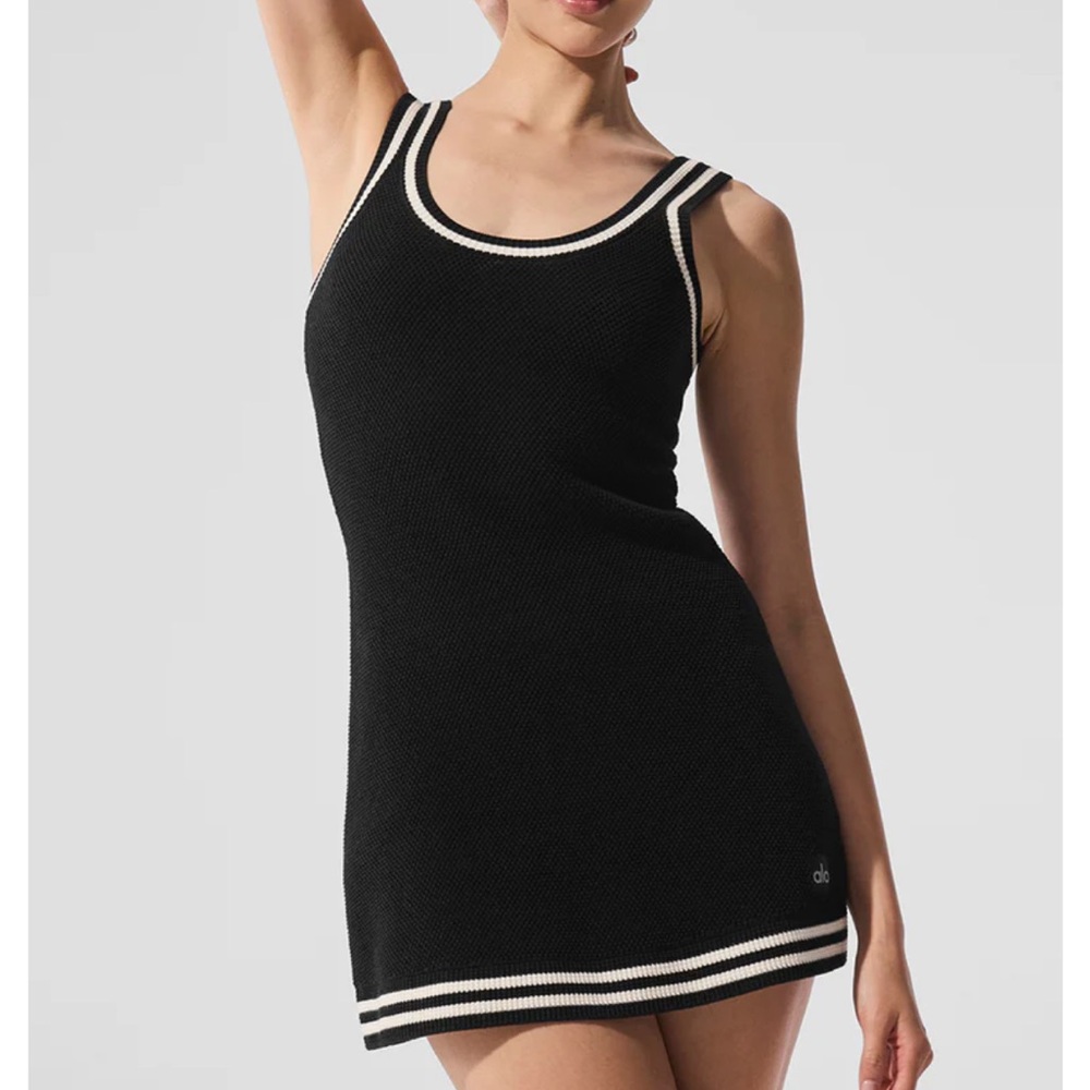 ALO Tennis Club Sweater Knit Dress Black with White Accents